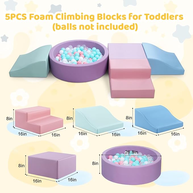 Foam Climbing Blocks for Toddler: with 4-Piece PU Leather Climbing Toys and a Ball Pit - Foam Ball Pit for Toddlers - Climbing Toys Indoor for Kids Crawling (Purple Climbing Blocks)