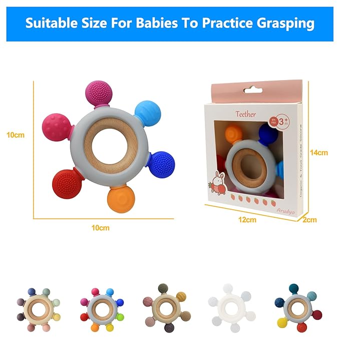 Baby Teething Toys Silicone Teethers BPA Free Silicone Rudder with Wooden Ring Soothe Babies Gums (Ocean)