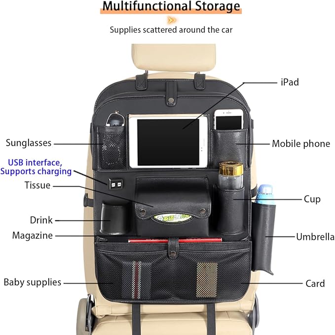 Popular Items Car Seat Back Pocket, Rear Seat Storage, Stain Proof, Car Storage Pocket, Seat Back Pocket, Premium Waterproof PU Car Seat Back Organizer（Black with USB）