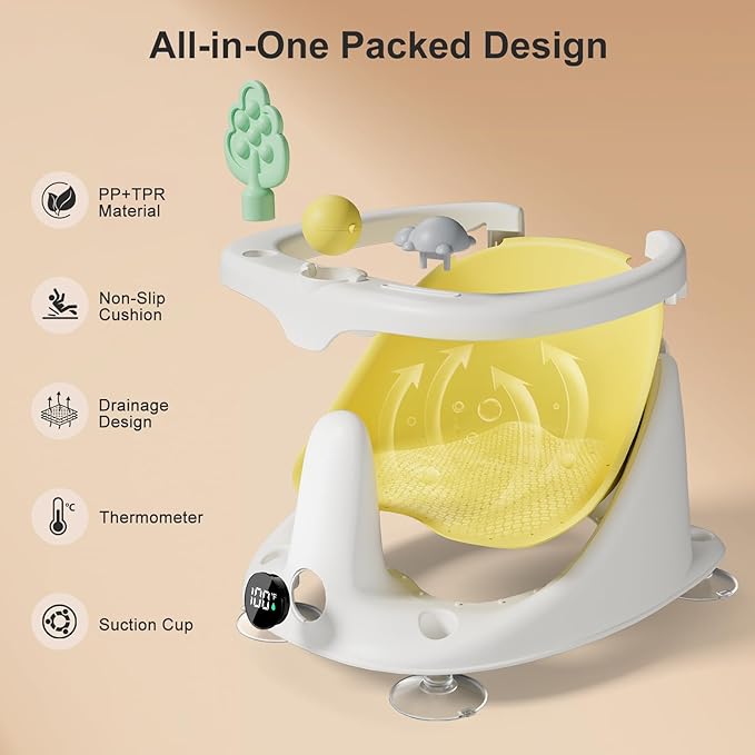 Baby Bath Seat for Babies 6 Months & Up - Bathtub Seats for Babies Sitting Up with Rinse Cup, Non-Slip, Comfortable, Infant Bath Essentials, Yellow