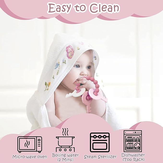 Baby Teething Keys Toys 3 to 12 Months,Infants Toddler Sensory Chew Toys,Teether Toys for Baby Girl-Soft & Raised Texture to Soothe Gums,BPA Free (Pink)