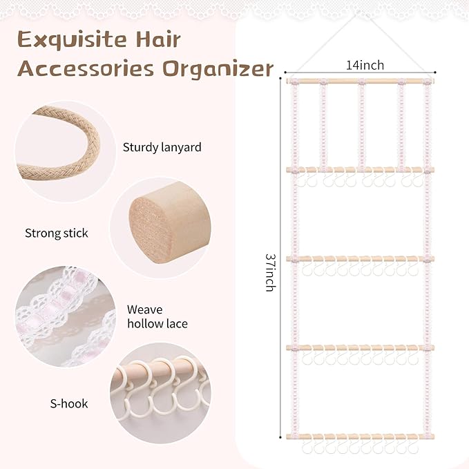 POVETIRE Headband Holder Hair Bows Organizer for Girls, Baby Headbands Hair Accessories Organizer Storage Wall Hanging Decor for Toddler Girls Room (Pink ribbon - 4 Tier)