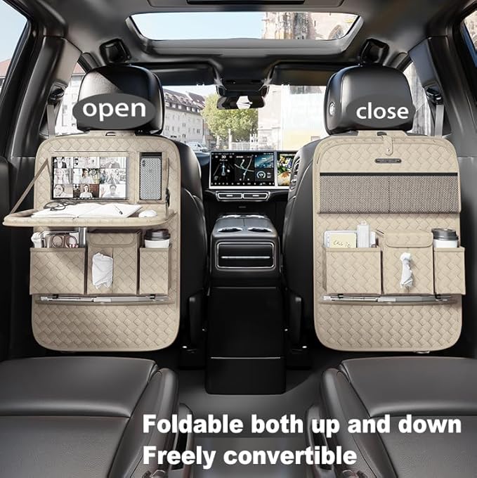 GMQ Back Seat Car Organizer 1 Pack,Backseat Organizer with Tray,Multifunctional Car Seat Back Storage Box with Foldable Tablet Holder (Beige, Weave)
