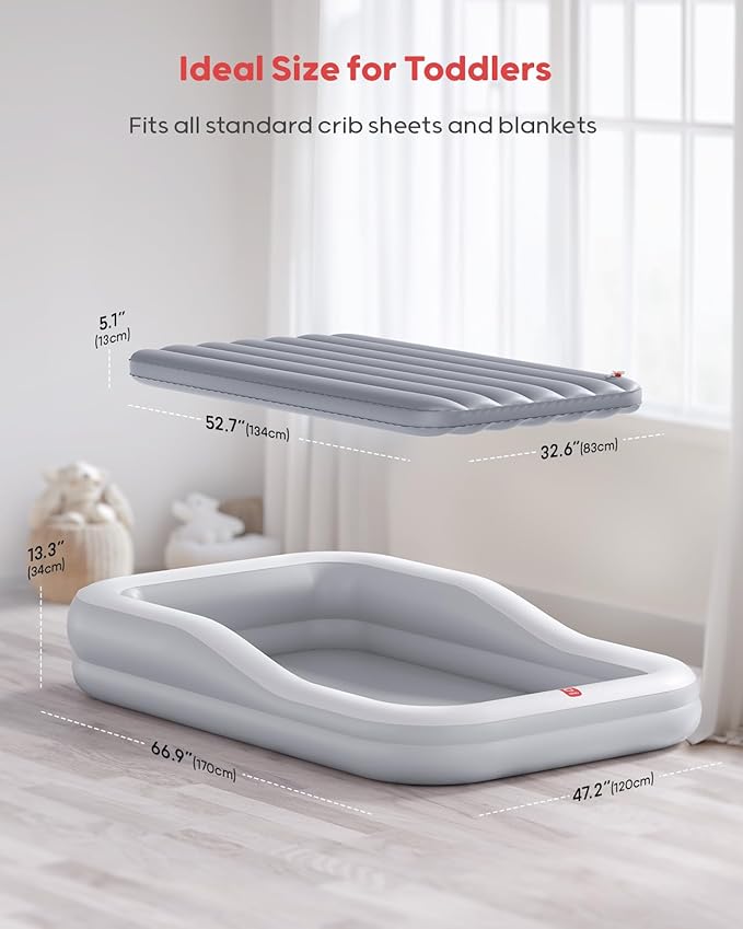 QPAU Inflatable Toddler Travel Bed with Tent, Baby Crib Tent, Portable Kids Air Mattress with Safety Bumpers, Ideal for Home, Grandma's, Camping, Traveling -Includes Fast Electric Pump (Grey)