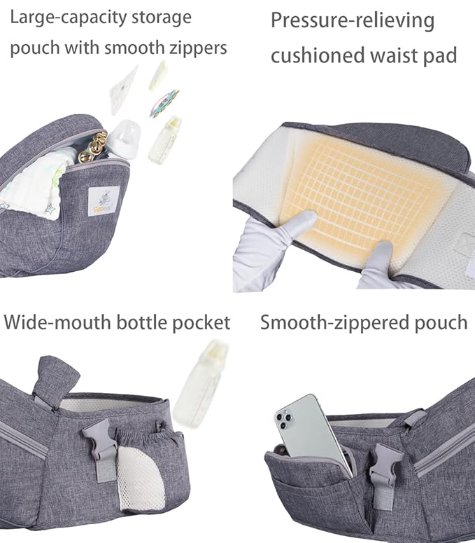 Baby Hip Seat Carrier Baby Waist Stool for Child Infant Toddler with Adjustable Strap Buckle Pocket Soft Inner Huge Storage (Grey)