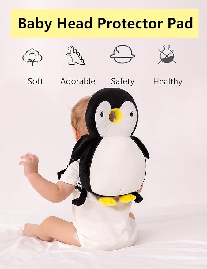 JunNeng Baby Head Protector Backpack, Toddler Walking Fall Head Protection, White Black Penguin