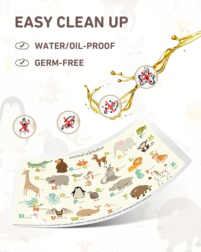 Babebay Disposable Stick-on Placemats 40 Pack for Baby & Kids & Toddler, Sticky Placemats Restaurant Table Mats 12" x 18" (Animal Alphabet)