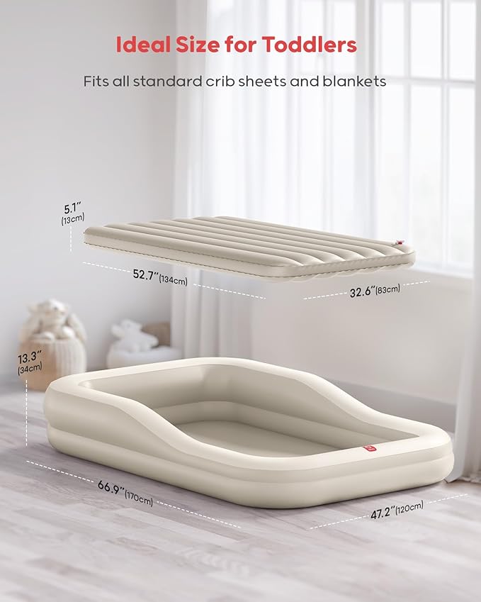 QPAU Inflatable Toddler Travel Bed with Tent, Baby Crib Tent, Portable Kids Air Mattress with Safety Bumpers, Ideal for Home, Grandma's, Camping, Traveling -Includes Fast Electric Pump (Khaki)