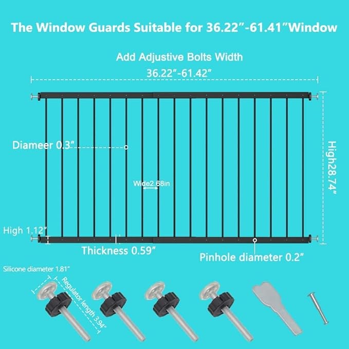 WAOWAO Black Window Safety Guards for Children Kids Toddler Pets Proof Extra Wide Tension Security Window Guard Gate for Home Fit 36.22"-61.41"(2 Piece，Black)