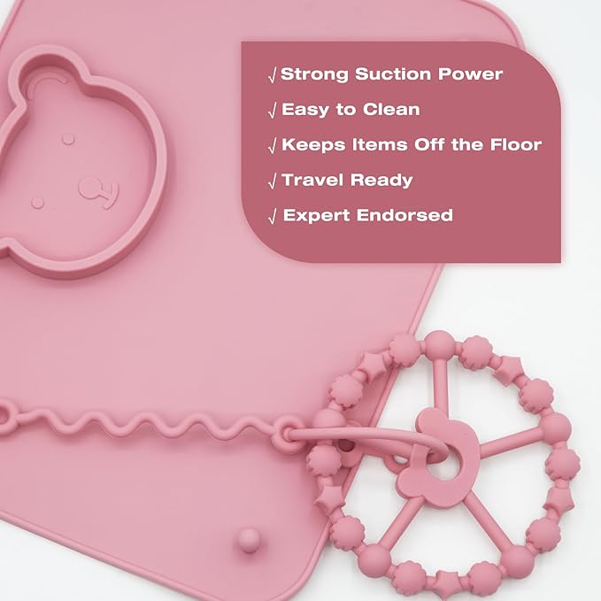 2 Pack Baby Silicone Mat with Suction Base and 4 Stretchable Straps, 6 Strong Suction Cups, Baby Placemats, Activity Mat for Infants to Toddlers, Keeps Babies Essentials Off The Floor Purple Pink
