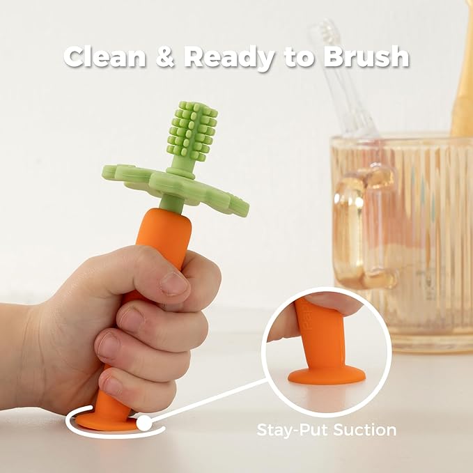 Papablic Baby Toothbrush Teether, Teething Toys 6-12 Months, 360° Carrot Teether Baby Stuffers, Infant Toothbrush with Suction Base