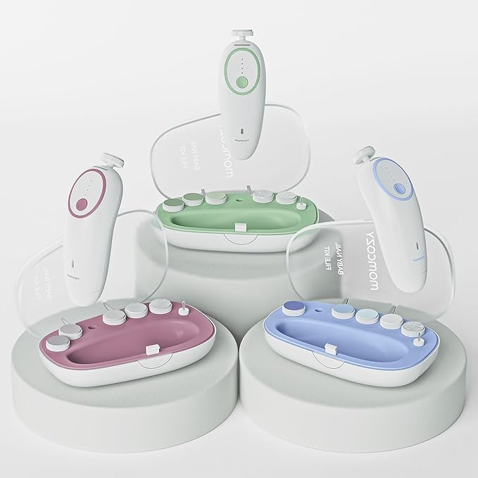 Momcozy Baby Nail File Electric, Gentle Baby Nail Trimmer Electric, Baby Nail Clipper with Night Light, 7 Grinding Head Replacement Pads, Pink