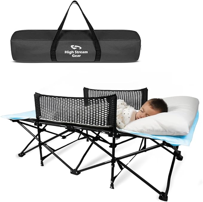 Toddler Cot Bed: Kids Travel Camping and Portable Folding Cot, Great for Outdoors and Young Guests at Home. Comfortable Sleeping Bed Easy to Store and Use (Light Blue)