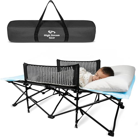 Toddler Cot Bed: Kids Travel Camping and Portable Folding Cot, Great for Outdoors and Young Guests at Home. Comfortable Sleeping Bed Easy to Store and Use (Light Blue)