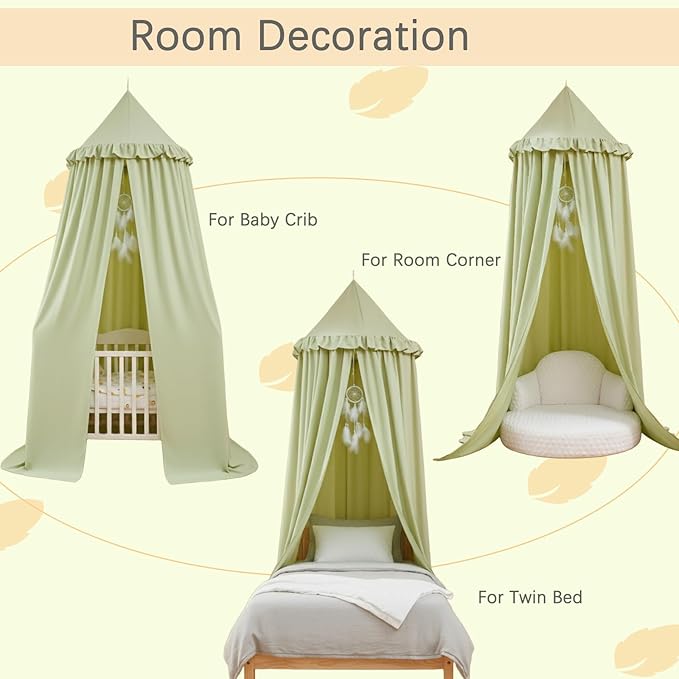 Akiky Kids Bed Canopy for Crib & Twin Size with Ruffles Dreamcatcher, Boys Princess Girls Nursery Room Decor Toddler Baby Dome Round Hanging Tent Curtains Skirt Over Bed Reading Nook Play Tents Green