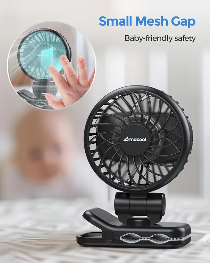 AMACOOL Mini Baby Fan with Clip for Carrier/Baby Car Seat/Bassinet, 3-Speed Portable Fan, 10H Cooling Rechargeable, Ultra Light 0.24 lb, Safe Gaps, 360° Rotatable for Diaper Backpack Stroller Travel