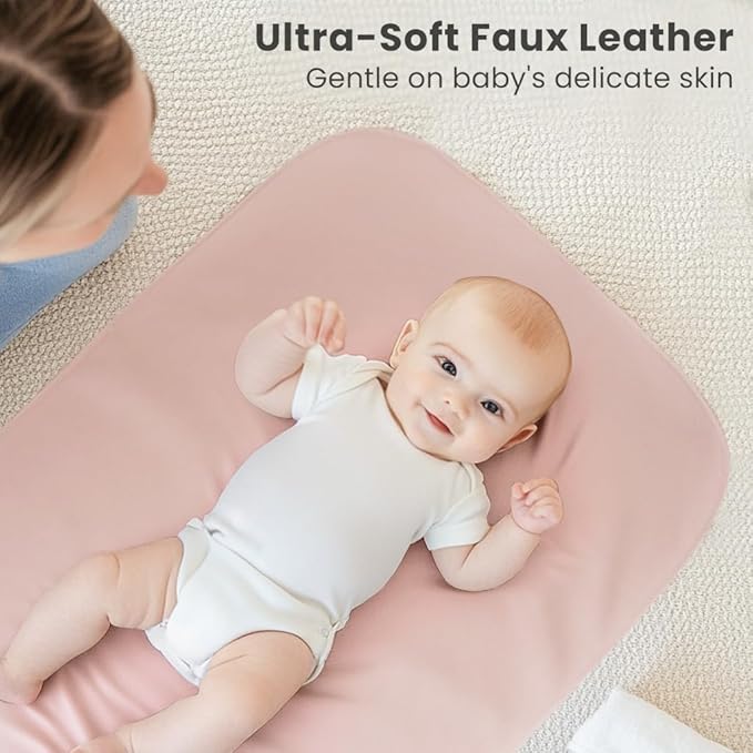 Konssy Faux Leather Baby Changing Mat, Waterproof, Wipeable & Portable Diaper Changing Pad for Travel or Home, Fits Perfectly in Diaper Bag, 30 x 17 inche (Blush,Beige)