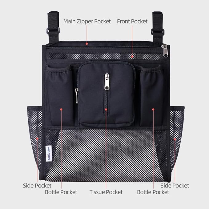SUNVENO 2-in-1 Universal Stroller Organizer, Insulated Cup Holders, Zippered Phone/Wristlet Pocket, Side Sling Mesh Cargo, Adjustable Non-Slip Straps, Fits Most & Umbrella Strollers, Black