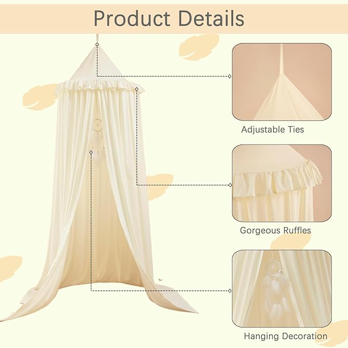 Akiky Kids Bed Canopy for Crib & Twin Size with Ruffles Dreamcatcher, Princess Girls Nursery Room Decor Toddler Baby Dome Round Hanging Tent Curtains Skirt Over Bed Reading Nook Play Tents Ivory