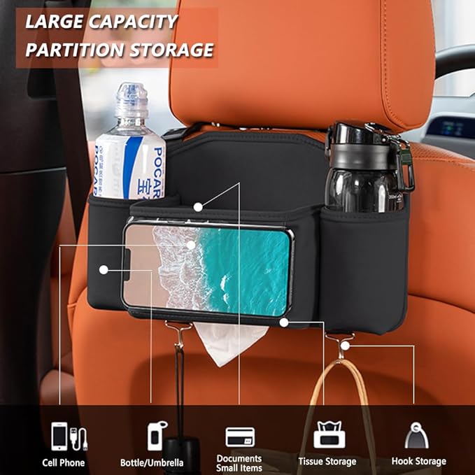 Tumecos Car Seat Back Storage Bag, Car Backseat Organizer with Tissue Box, Large Capacity Car Storage Box, Multi-function Car Rear Seat Storage Pocket, Universal for Most Vehicles (Style B, Black)