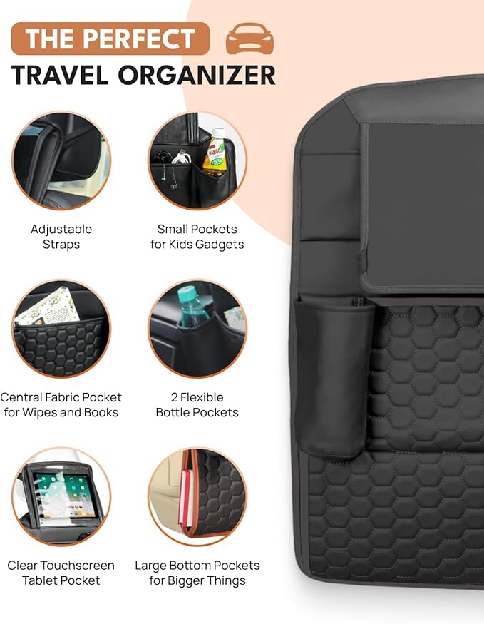 Owleys Back of Seat Organizer for Kids with Transparent Tablet Pocket & 8 Compartments | 27.5"x18.5" | Black Travel Accessory for SUV, Truck, Sedan, Van, Jeep