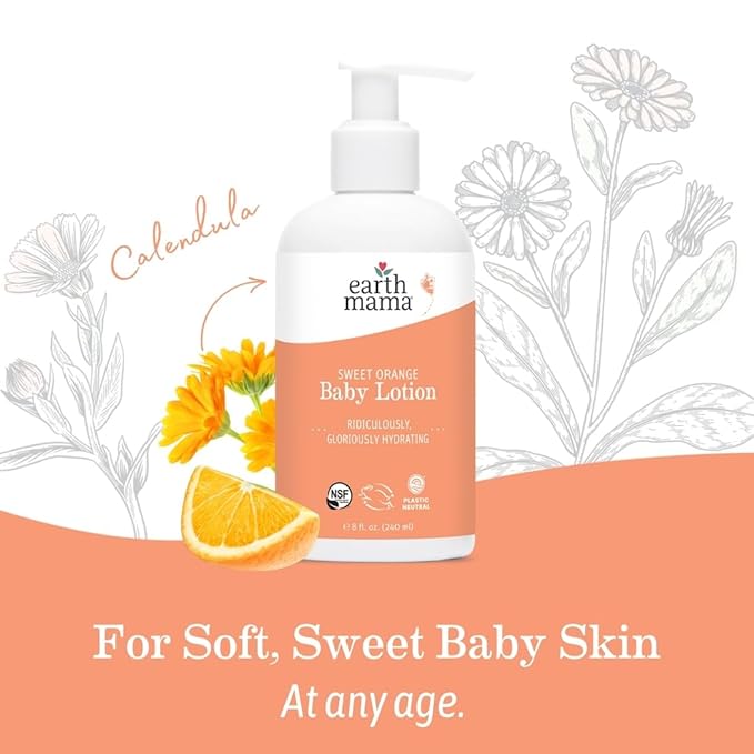 Earth Mama Sweet Orange Baby Lotion | Moisturizing Body Lotion for Dry Skin, Newborn Baby Lotion Sensitive Skin Care, Face Lotion for Babies & Kids with Shea Butter, Calendula & Aloe, 8 Fl Oz (2-Pack)