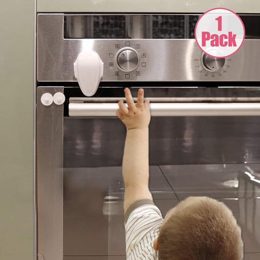 EUDEMON 1 Pack Childproof Oven Door Lock, Oven Front Lock Easy to Install & Heat-Resistant Material no Tools Need or Drill (White)(ONLY for Flat Surface)