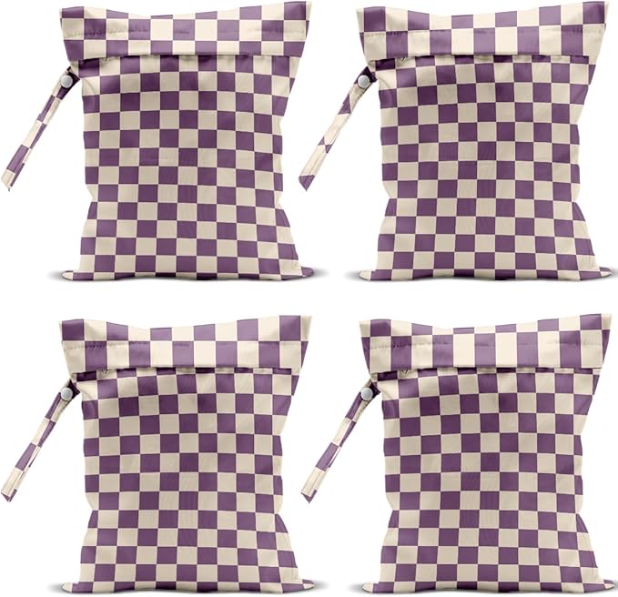 4 Pack Cute Wet Bag Waterproof Washable Reusable Wet Dry Bag for Swimsuit Clothes Cloth Diaper Travel Beach Pool Yoga Gym Birthday Party Camping Toiletries Travel Beach Essentials, Purple Checkered