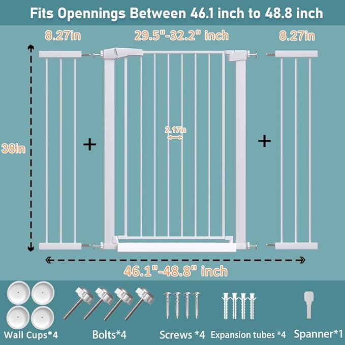 Fairy Baby 38" Extra Tall Cat Gate No Drill, 46.1"-48.8" Extra Wide Large Dog Gate Indoor, Pressure Mounted Walk Through Tension Safety Gate, Auto Close Child Pet Gate for Stairs Doorway, White