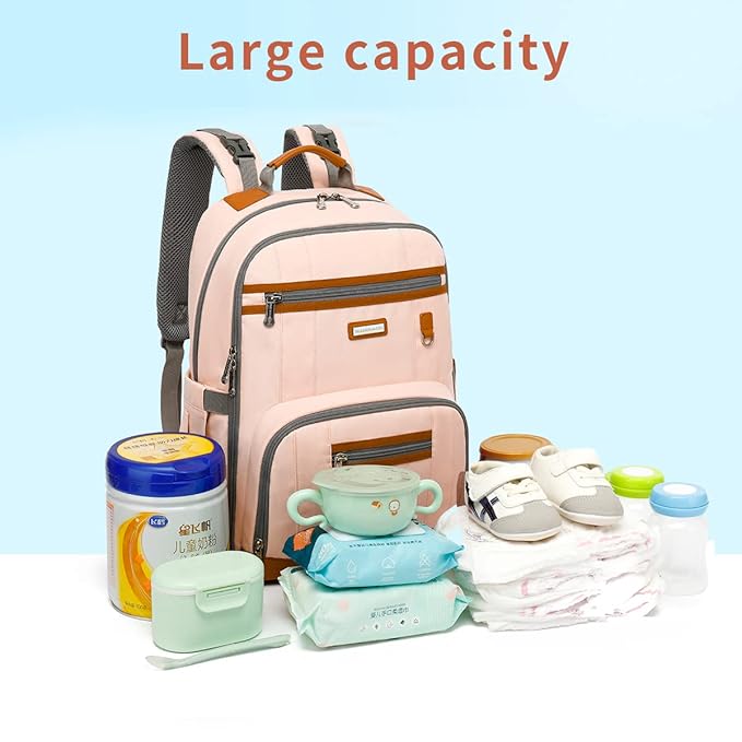 Diaper Bag Backpack, Large Baby Nappy Bags with Portable Changing Pad for Boys and GirlsMultifunction Travel Baby Bag for Moms Dads, Shower Gifts Waterproof and Stylish，Light Powder