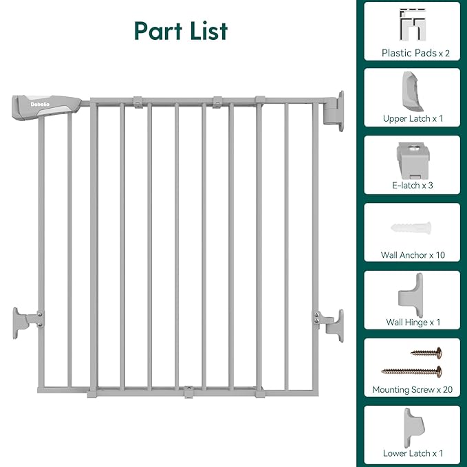 Babelio Baby Gate for Stairs, Kitchen & Doorways, 26-41" W 28" H No Bottom Bar| Easy Installation| One-Handed Operation| Auto-Close| Hardware Mount Safety Dog/Pet Gate Indoor (Grey)