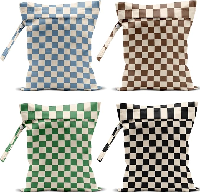 4 Pack Cute Wet Bag Waterproof Washable Reusable Wet Dry Bag for Swimsuit Dirty Clothes Diaper Travel Pool Sport Gym Christmas Birthday Party Camping Toiletries Beach Essentials, Colorful Checkered