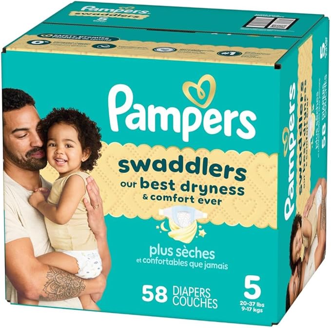Pampers Swaddlers Diapers, Size 5 (20-37 lbs), 58 Count, Absorbent, Keeps Baby Dry and Comfortable, Skin Safe Disposable Baby Diaper (Packaging May Vary)
