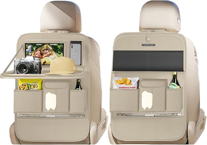 Car Seat Organizers,Multi-functional Back Seat Protectors, Storage Pouches, and Tray Holders (for Cars, Kids, Seat Back and Rear Seats) (Plain Beige, 2 Pcs)