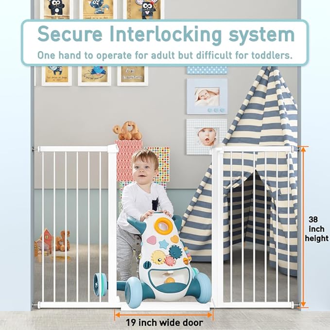 Fairy Baby 38" Extra Tall Baby Gate for Stairs and Doorways, 59.9"-65.3" Extra Wide Long Pet Gate, Metal Auto Close Safety Child Gate Fence for Puppy Pet, Pressure Mounted Walk Through Gate, White