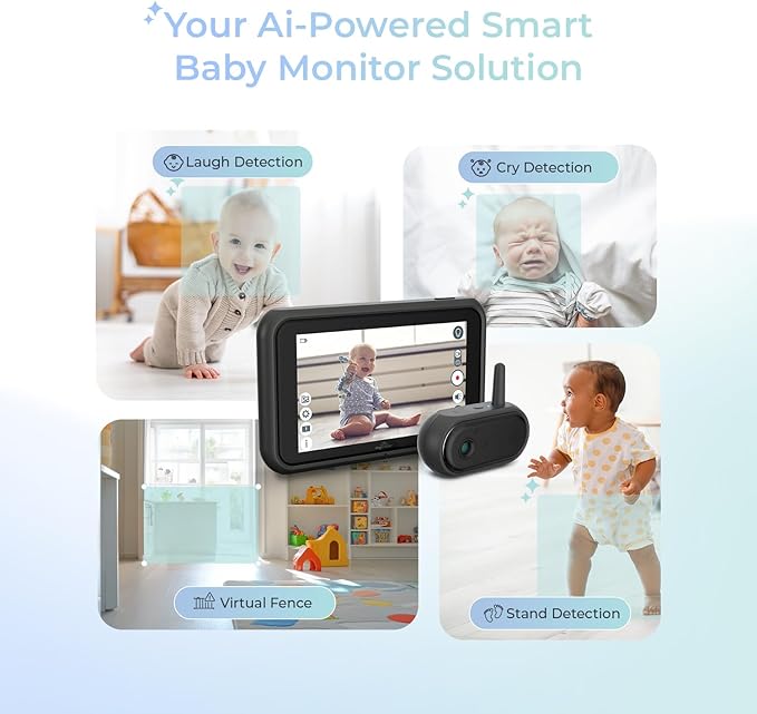 Tiny Traveler Ai Smart Wireless Baby Car Monitor with Travel Kit - AI-Powered Safety Alerts: Cry/Laugh/Stand Detection, Virtual Fence, Long Range 1000ft Night Vision Lullabies Night Light - Black