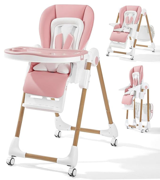 Mallify Foldable High Chairs for Babies and Toddlers, 3-in-1 Convertible Baby High Chair with Removable Soft Cushion and Tray, Adjustable Height & Recline, Lockable Wheels, Pink