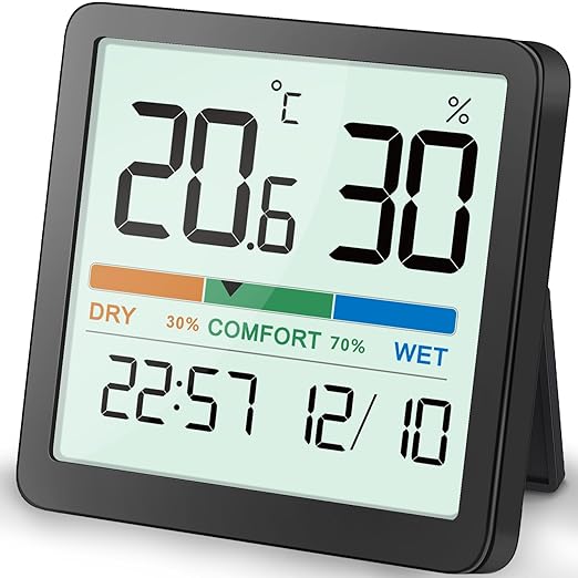 NOKLEAD Hygrometer Indoor Thermometer, Desktop Digital Thermometer with Temperature and Humidity Monitor, Accurate Humidity Gauge Room Thermometer with Clock (Black)