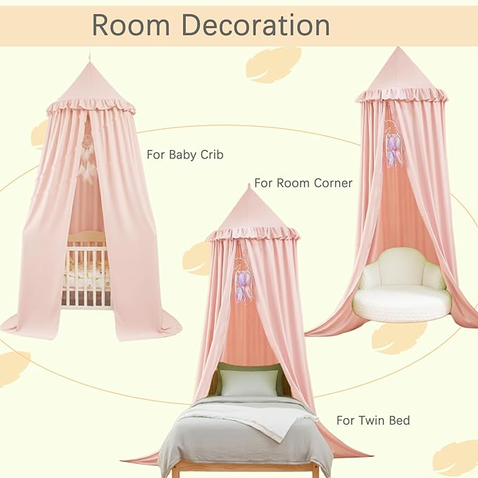 Akiky Kids Bed Canopy for Crib & Twin Size with Ruffles Dreamcatcher, Princess Girls Nursery Room Decor Toddler Baby Dome Round Hanging Tent Curtains Skirt Over Bed Reading Nook Play Tents Pink