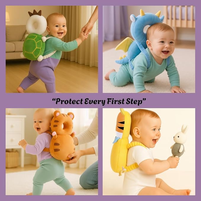 Baby Head Protector Backpack (9 to 24 Months) - Cute Head Guard Pillow with Knee Pads and Socks, Crawling and Walking Safety Set, Toddler Head Cushion Backpack, Green Turtle