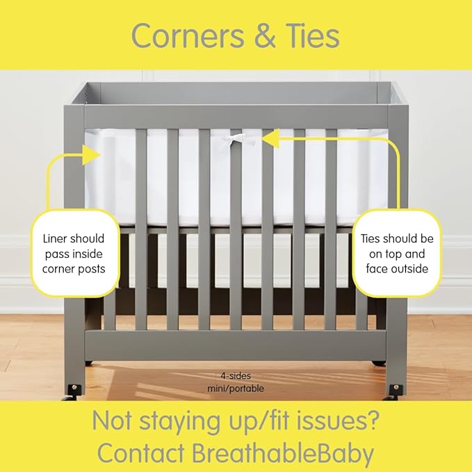 Mini Crib Breathable Mesh Liner by BreathableBaby, Classic 3mm Mesh, Gray, Size 4M Covers 4 Sides FITS MINI CRIBS WITH 38x24” MATTRESS ONLY