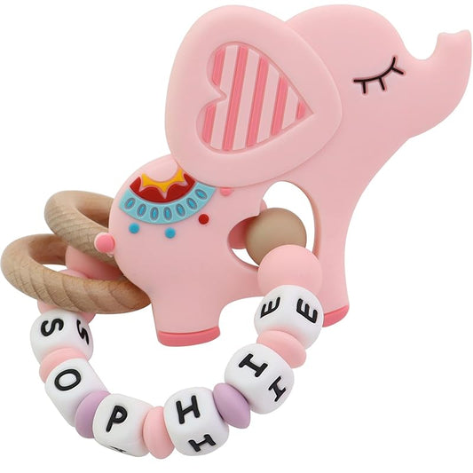 Personalized Baby Teether Rattle with Name – Custom Wooden Teething Toy for Boys & Girls – Handmade Elephant Keepsake Baby Shower Gift (Pink)