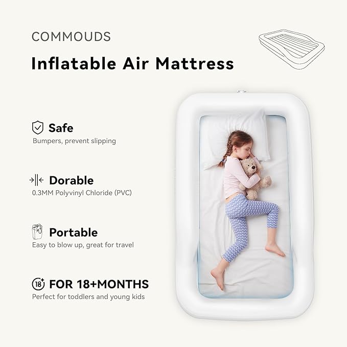 COMMOUDS Portable Toddler Travel Bed with Safety Bumpers, Inflatable Kids Air Mattress with Electric Pump, Baby Blow up Mattress, for Grandma's Home Camping Vacation
