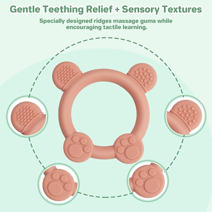 3 Pack Baby Teether, Bear-Shaped Silicone Teething Toys for Infants 0-24 Months, BPA-Free Chew Toys to Soothe Sore Gums (Pale Pink & Green & Blue)