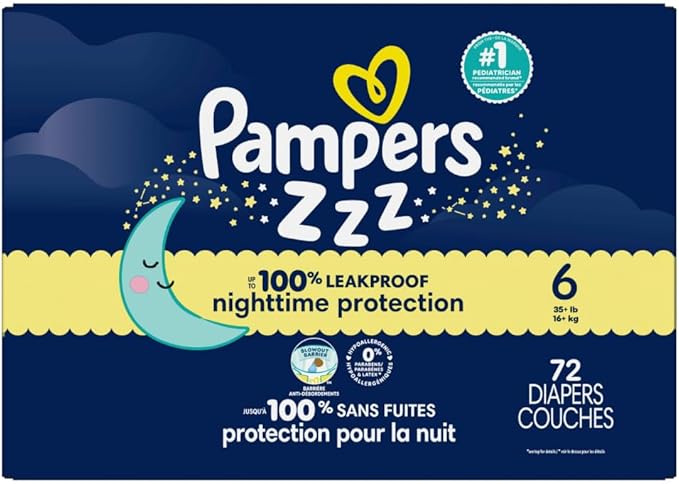 Pampers ZZZ Overnight Diapers, Size 6 (35+ lbs), 72 Count, Nighttime Protection Disposable Baby Diaper, Night Time Leak and Skin Protection