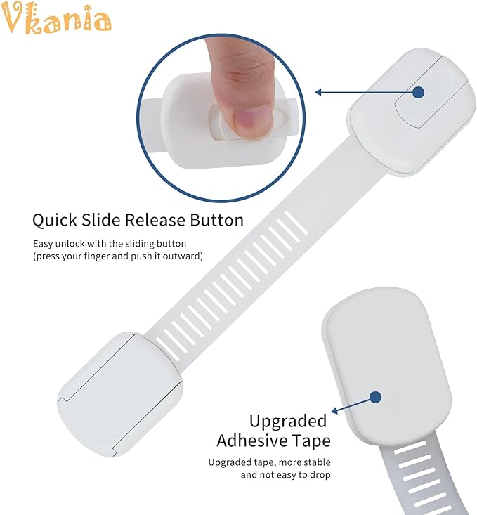 12 Pack Vkania Baby Proofing Cabinet Strap Locks - Child Safety Drawer Cupboard Oven Refrigerator Adhesive Locks - Adjustable Toilets Seat Fridge Latches - Kids Proof Kit - No Drilling