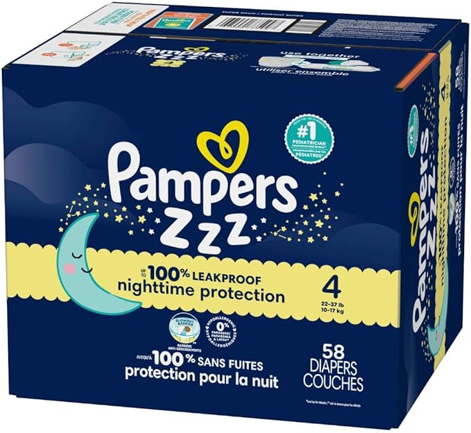 Pampers ZZZ Overnight Diapers, Size 4 (22-37 lbs), 58 Count, Nighttime Protection Disposable Baby Diaper, Night Time Leak and Skin Protection