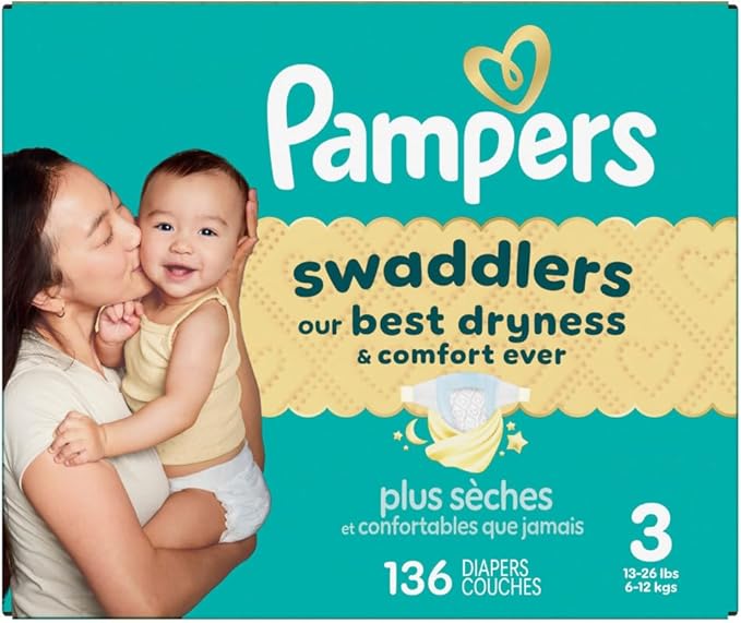 Pampers Swaddlers Diapers, Size 3 (13-26 lbs), 136 Count, Absorbent, Keeps Baby Dry and Comfortable, Skin Safe Disposable Baby Diaper (Packaging May Vary)