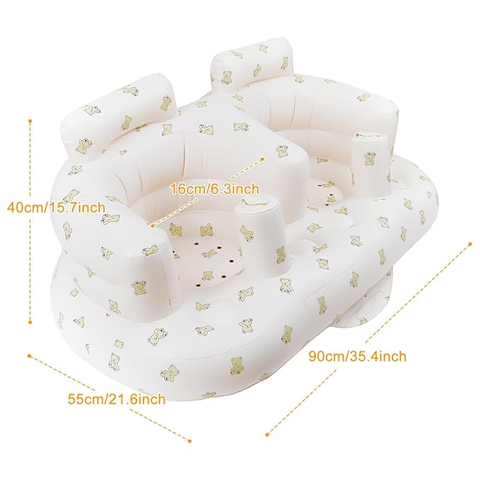 Baby Inflatable Seat for Twins Babies 3 Month and Up, Side-by-Side Double Inflatable Floor Chair for Sitting Up with Built in Air Pump, Blow Up Baby Chair for Infants - Twins Bear