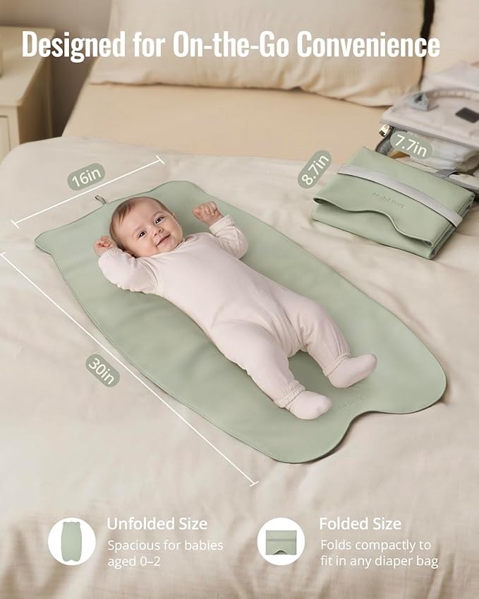 Blissful Diary Vegan Leather Portable Changing Pad, Wipeable & Waterproof Baby Change Mat in Diaper Bag, Travel Essential & Registry Gift, Light Green